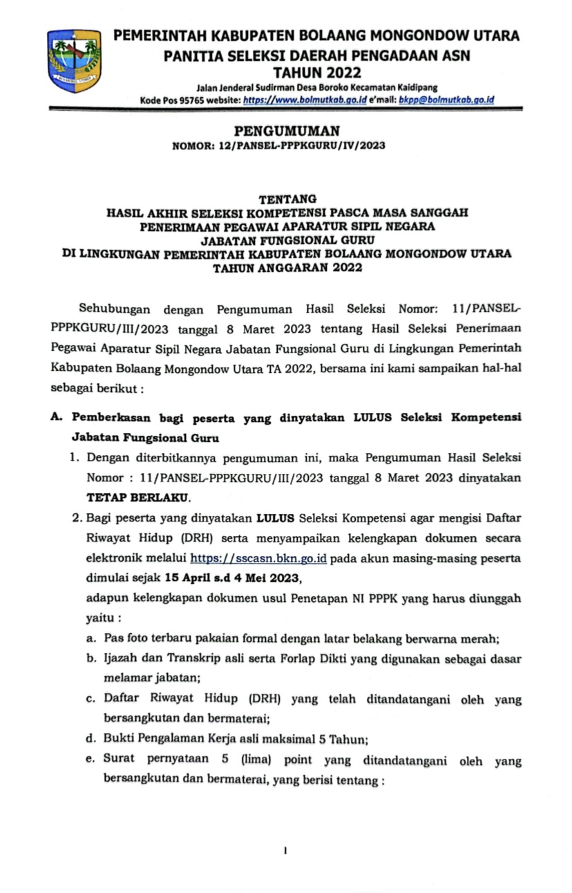 Pengunguman Pemberkasan Dan Ketentuan Lain Tentang Hasil Akhir Seleksi Kompetensi Pasca Sanggah Penerimaan Pegawai Aparatur Sipil Negara Jabatan Fungsional Guru