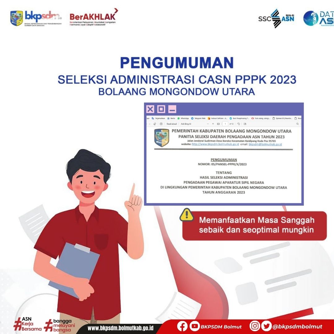 Pengumuman Hasil Seleksi Administrasi Pengadaan Pegawai Aparatur Sipil Negara Di Lingkungan Pemerintah Kabupaten Bolaang Mongondow Utara Tahun Anggaran 2023