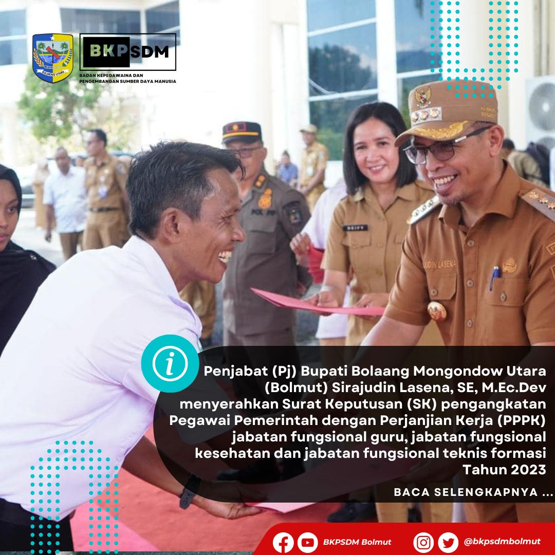 Penjabat Bupati Bolaang Mongondow Utara Sirajudin Lasena, SE, M.Ec.Dev Menyerahkan Surat Keputusan Pengangkatan PPPK Formasi Tahun 2023